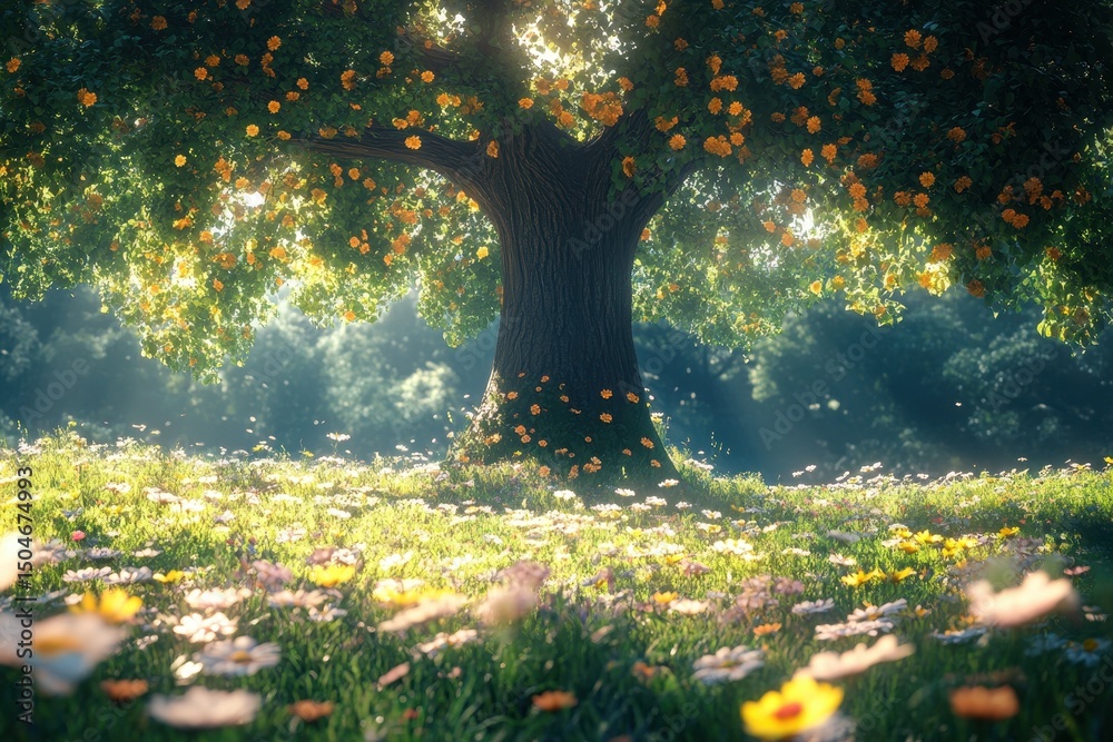 Poster vibrant spring landscape featuring a large tree surrounded by colorful flowers in a serene forest se