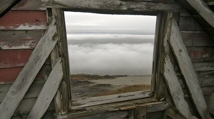 Obraz premium Foggy Seascape Viewed Through Rustic Window of Abandoned Cabin