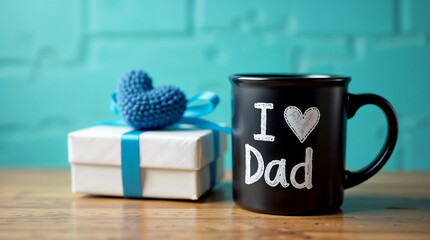 Decorative Father’s Day still life with mug and gift, Hot brown coffee drink in a ceramic mug, with milk and chocolate, isolated on white