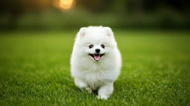 Playful pomeranian puppy running outdoors