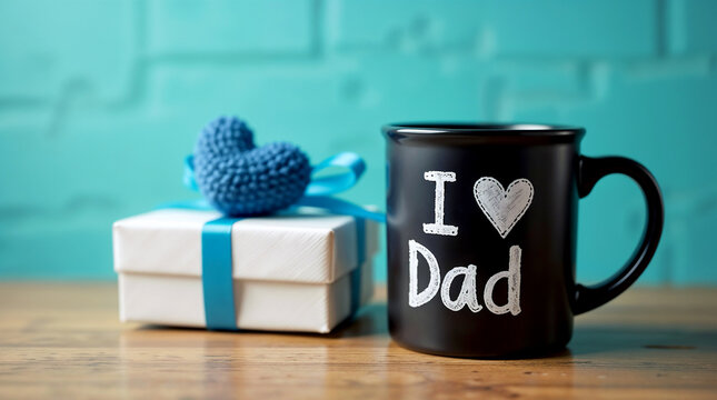 Decorative Father’s Day still life with mug and gift, Hot brown coffee drink in a ceramic mug, with milk and chocolate, isolated on white
