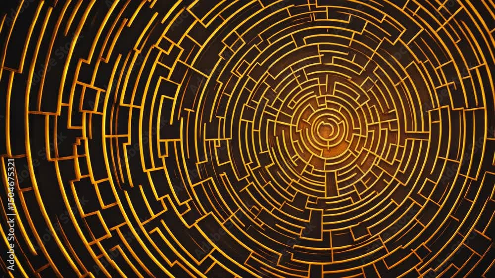 Poster golden labyrinth rotating, representing intricate career challenges, professional uncertainty, and c