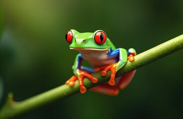 Naklejka premium Red-eyed tree frog Agalychnis callidryas sitting on green tree branch. Vivid colors, bright red eyes, vibrant green skin, blue, orange accents. Exotic amphibian in tropical rainforest habitat.