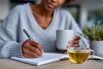 This serene image features a woman focused on writing in her journal while enjoying a warm cup of tea, showcasing the beauty of self-reflection and tranquility in daily life.