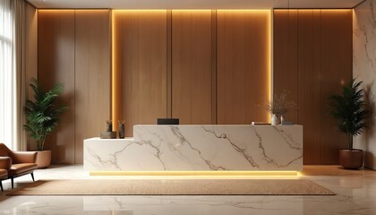 Modern luxury hotel lobby reception area. Elegant design marble counter, ambient lighting, warm colors. Reception desk, chairs, plants create inviting, calm, serene space. Interior architecture