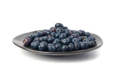 Blueberry isolated. Fresh blue berry fruits, bilberry group on white background, ripe bluberry
