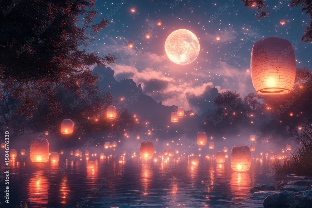 Poster nighttime lanterns illuminate a serene landscape under a full moon with soft mist and glowing orbs d