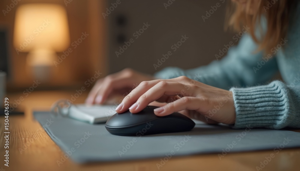 Poster woman working with computer mouse. using pc, wireless mouse clicks, hand touches modern device. offi