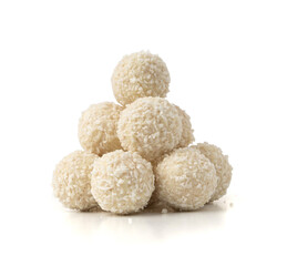 Coconut candies isolated, coco balls set. White truffle ball, indian ladoo or laddu with sweet cream