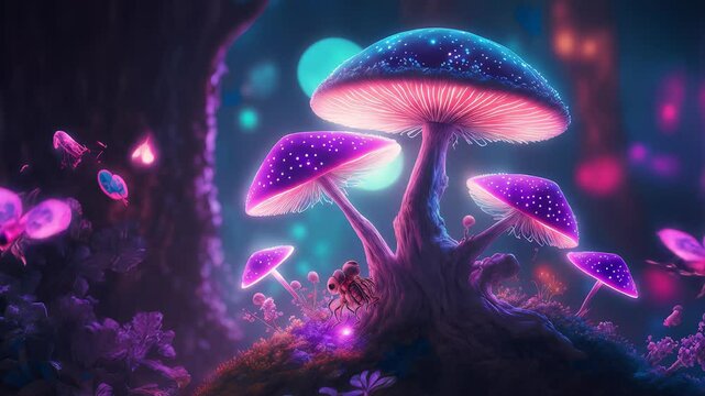 Psychedelic mushroom forest 4K animation: glowing neon fungi, magic butterflies & insects. Trippy fantasy nature loop, enchanted woods video footage. 