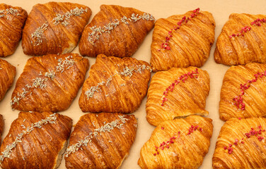Many Croissant at Street Market, Fresh Puff Pastry Pies, Sweet Kipferls, Buttery Viennoiseries