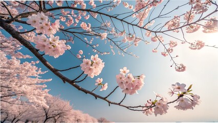 Cherry blossom tree branches with soft pink flowers against a clear blue sky, springtime atmosphere, realistic shadows