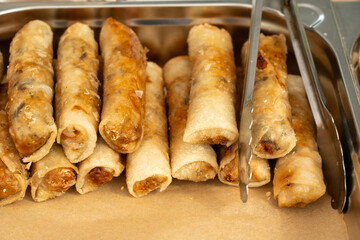 Fried spring rolls. Crispy springrolls, roasted egg rolls, Asian rebung, oriental loempia