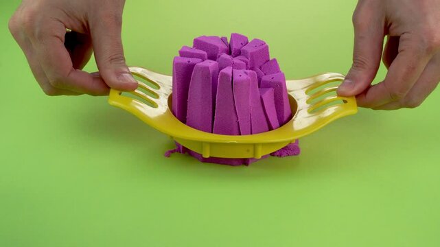 Very Satisfying and Relaxing Kinetic Sand ASMR video. Cutting anti stress macro close up colorful Kinetic Sand with a Knife. ASMR sounds.