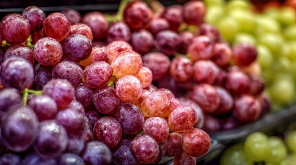 Fresh grapes displayed on supermarket fruit stand