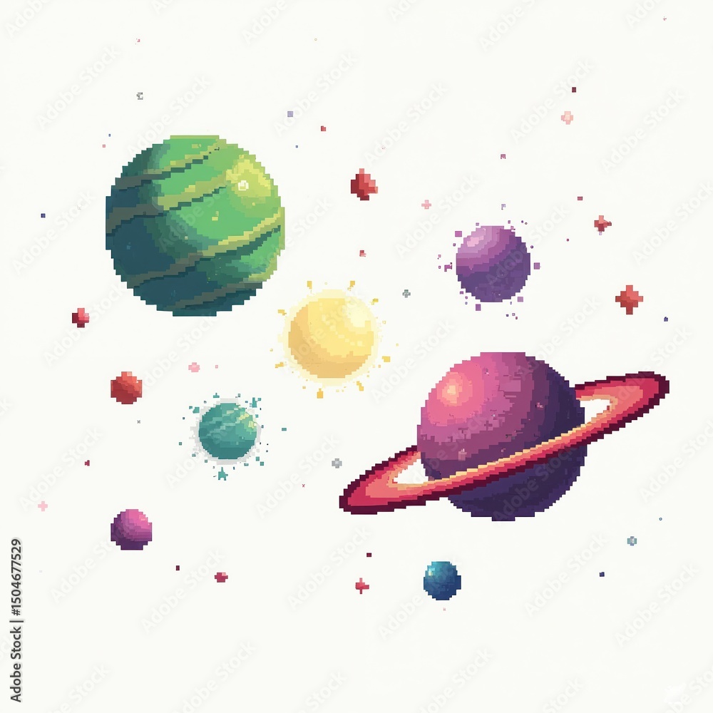 Poster Retro pixel art planets illustration. Space galaxy cosmos universe solar system astronomy 8-bit game design. Digital artwork with colorful planets in space. Sci-fi design perfect for game or app.