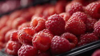 Juicy raspberry on display at supermarket fruit stand