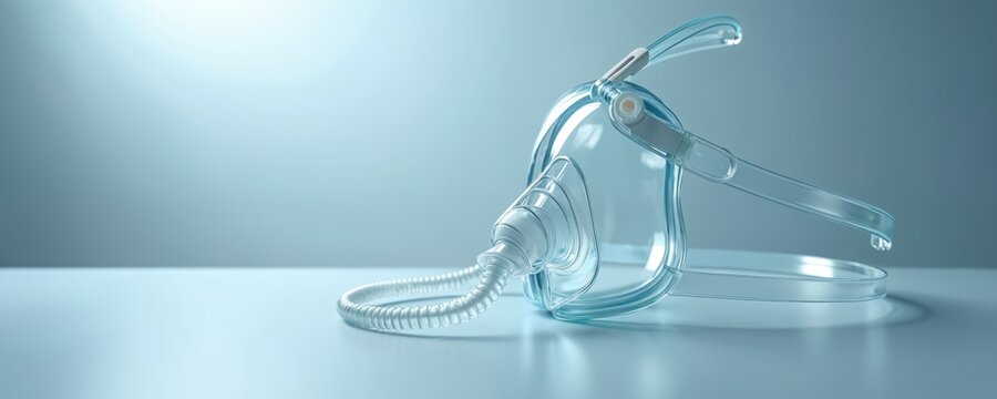 CPAP mask for sleep apnea treatment. Medical device delivers continuous positive airway pressure, ensuring proper breathing during sleep. Healthcare equipment for respiratory health. Improve sleep