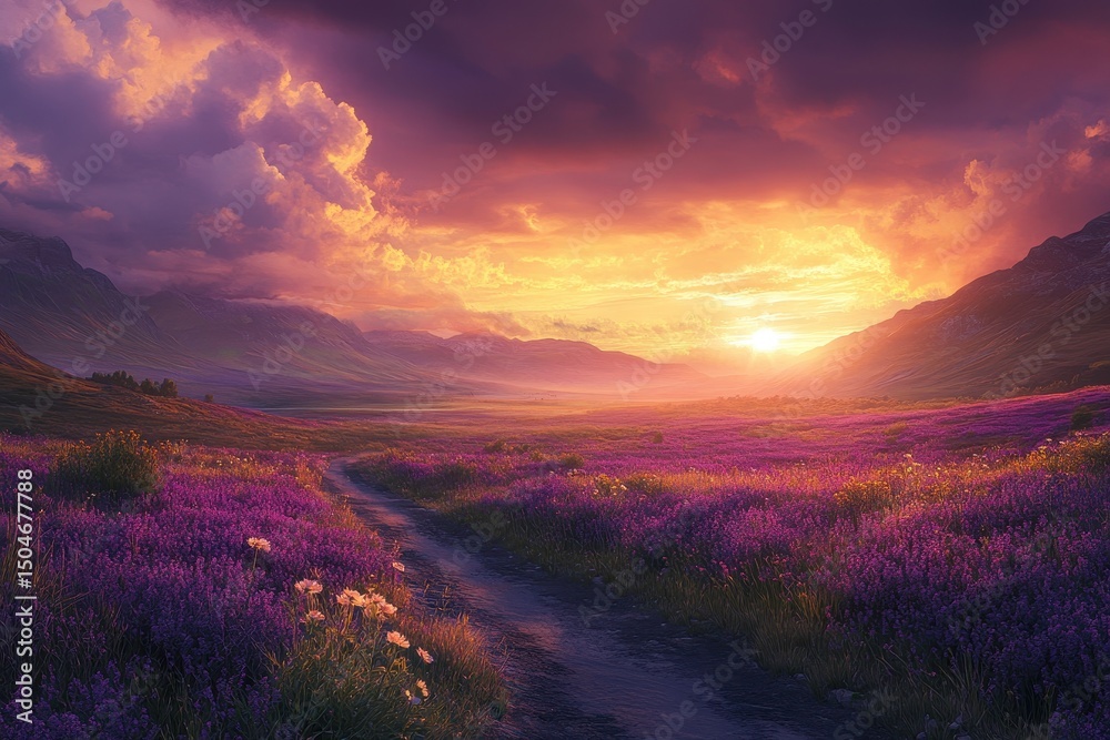Aufkleber serene winding path through a vibrant lavender field at sunset with a beautiful gradient sky in the 
