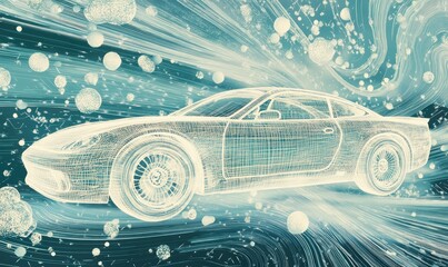 Futuristic, transparent car model, digitally rendered, with a network of lines forming its structure.  A sense of speed and technology is conveyed through the abstract background