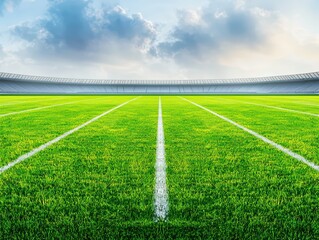 Obraz premium Lush Green Grass Field with Clear Blue Sky and Clouds in a Modern Sports Stadium