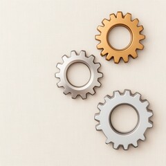 Three Metallic Gears in Silver, Gold, and Bronze Colors on Beige Fabric Background and Industrial Design Element