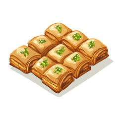 Baklava Rolls, vector graphic, 2D flat isometric cartoon illustration on white background.
