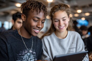 Two smiling teenagers collaborating on a tablet at a vibrant workspace, illustrating the power of teamwork, technology, and youthful creativity in a modern educational setting.