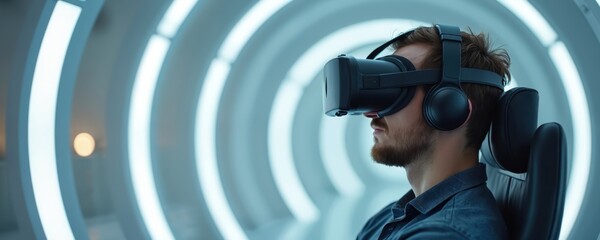 Man wearing VR headset in futuristic simulation tunnel. Immersive virtual reality tech, interactive gaming experience, futuristic design. Innovative, digital environment for leisure, education,