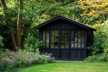 Serene black garden shed surrounded by lush greenery and vibrant flowers in a peaceful outdoor setting during a sunny afternoon