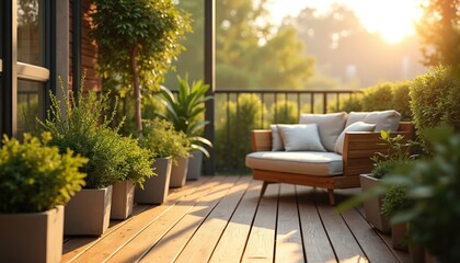 Fototapeta premium Serene balcony garden with lush potted plants, comfy seating. Warm sunlight. Cozy outdoor living space, wooden decking floor, pillows. Residential terrace design for leisure, relaxation at home.