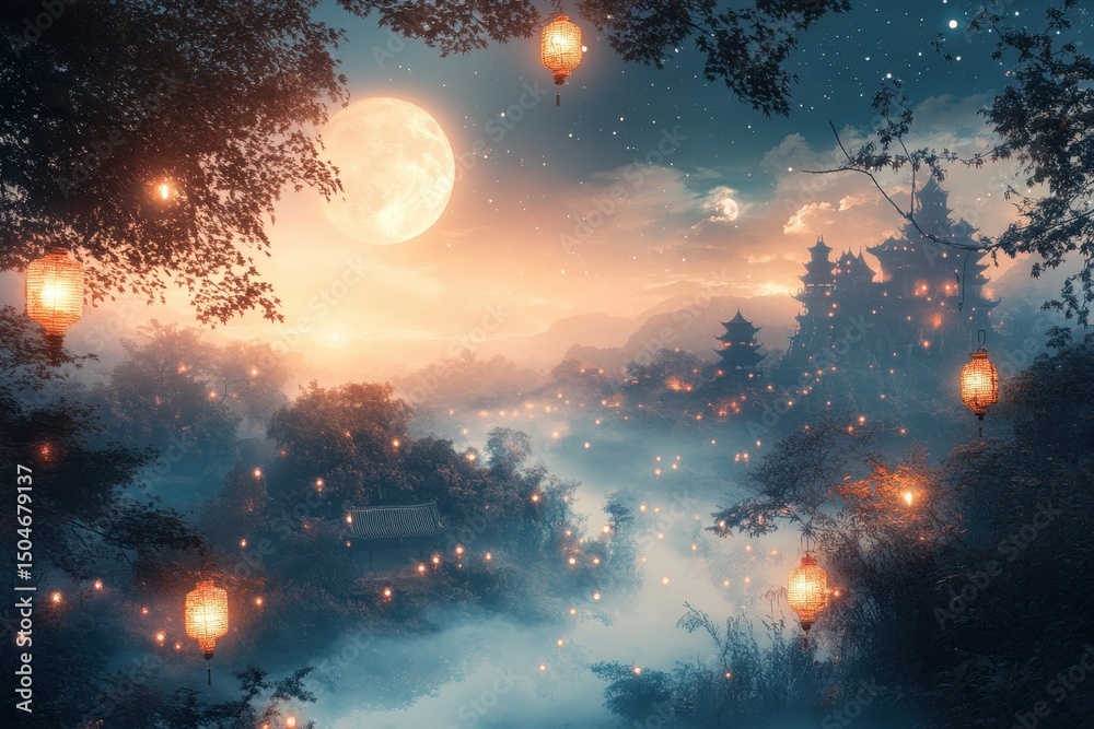 Poster lanterns illuminate a tranquil landscape under a full moon in a serene evening setting surrounded by