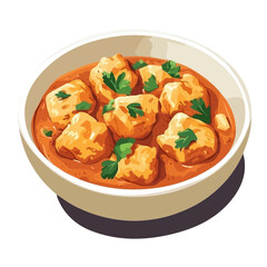 Chicken Paprikash, vector graphic, 2D flat isometric cartoon illustration on white background.
