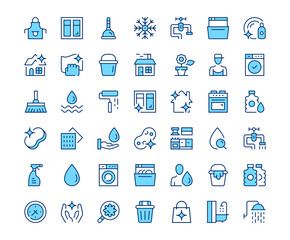 Cleaning icons. Vector line icon set. Modern outline design. Blue concept