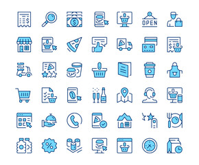 Food delivery icons. Vector line icon set. Modern outline design. Blue concept