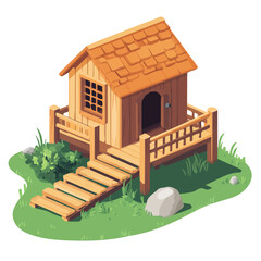 Chicken Coop, vector graphic, 2D flat isometric cartoon illustration on white background.  © John