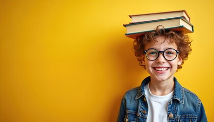Happy boy smiles at camera, balancing books on head against bright yellow background. Curly hair, round glasses. Education, back to school. Knowledge concept. Cheerful kid, student, young reader.