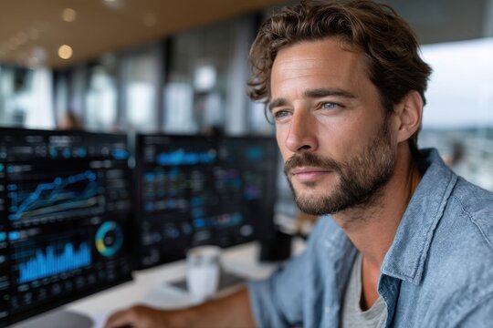 A sharp-minded individual gazes at computer screens filled with engaging data, emphasizing the critical role of analytics in decision-making processes. - Powered by Adobe
