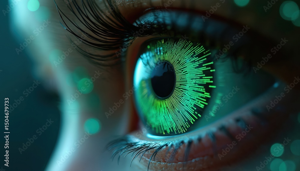 Poster close-up of ai robot eye with digital circuits. green cyber eye with embedded computer chip represen