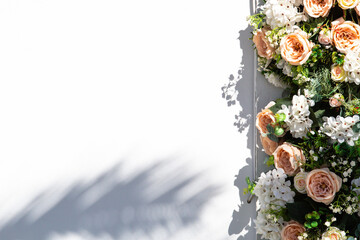 Flowers decoration and palm leaf shadow on white wall outdoors