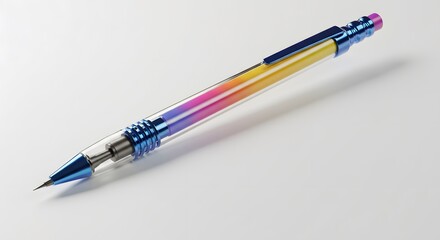 A mechanical pencil in vibrant colors with a transparent barrel and visible graphite tip, resting diagonally on a bright surface, ultra-detailed.