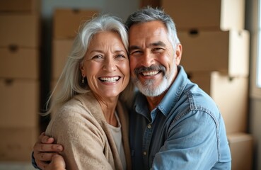 Joyful middle-aged Hispanic couple smiles. Man, woman embrace in new home, surrounded by moving boxes. Together celebrate house ownership, new beginning. Happiness love family, retirement. Domestic