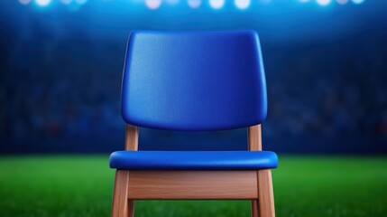 Blue Chair on Green Field Under Spotlight with Blurred Stadium Background Ready for Event or Game
