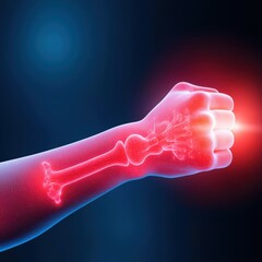 Digital Illustration of Human Arm with Holographic Bone Structure on Dark Background