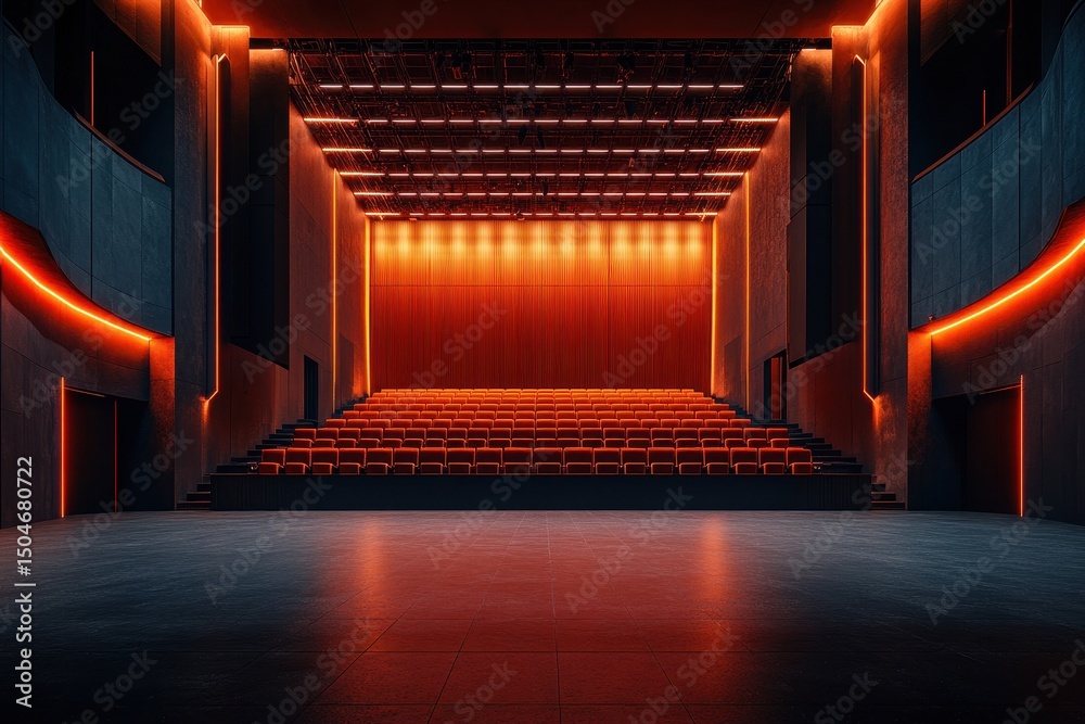 Poster modern performance stage with dramatic lighting designed for theatrical productions and events in an