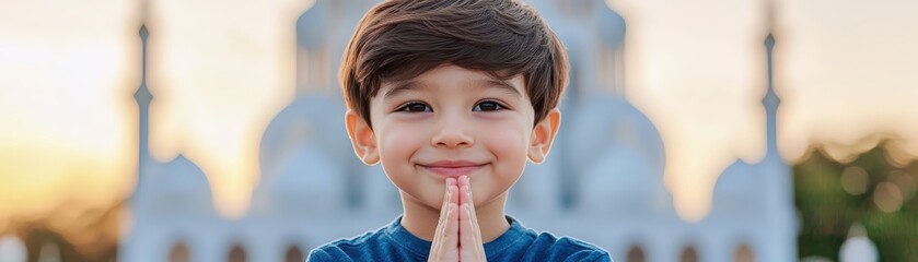 Fototapeta premium Happy young boy making prayer gesture with a smile in front of beautiful outdoor scenery at sunset