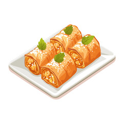 Baklava Rolls, vector graphic, 2D flat isometric cartoon illustration on white background.
