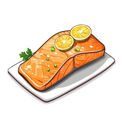 Baked Salmon, flat 2D isometric cartoon vector image isolated on white background.