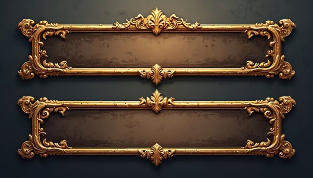 Golden game frames in retro style for UI menu elements. Royal gui bars with decorated gold borders. Empty royal gui bars for rpg or arcade design web interface.