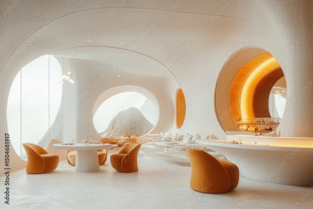 Poster modern architecture highlights unique design elements in a contemporary restaurant located near stun